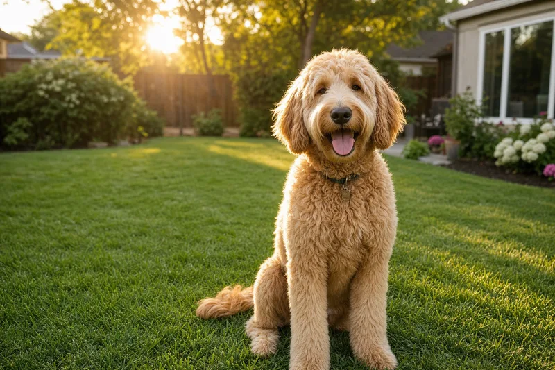 A happy Goldendoodle in a clean suburban yard