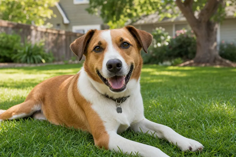 A happy Happy Mixed Breed in a clean suburban yard