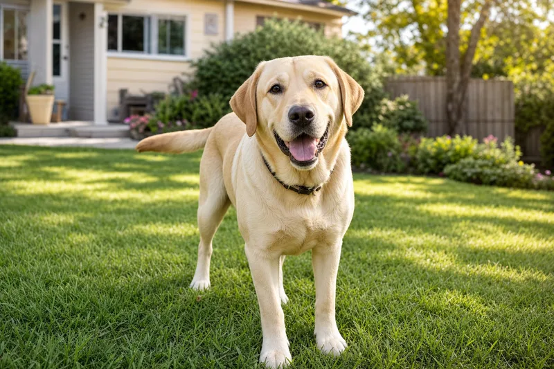 A happy Yellow Labrador in a clean suburban yard